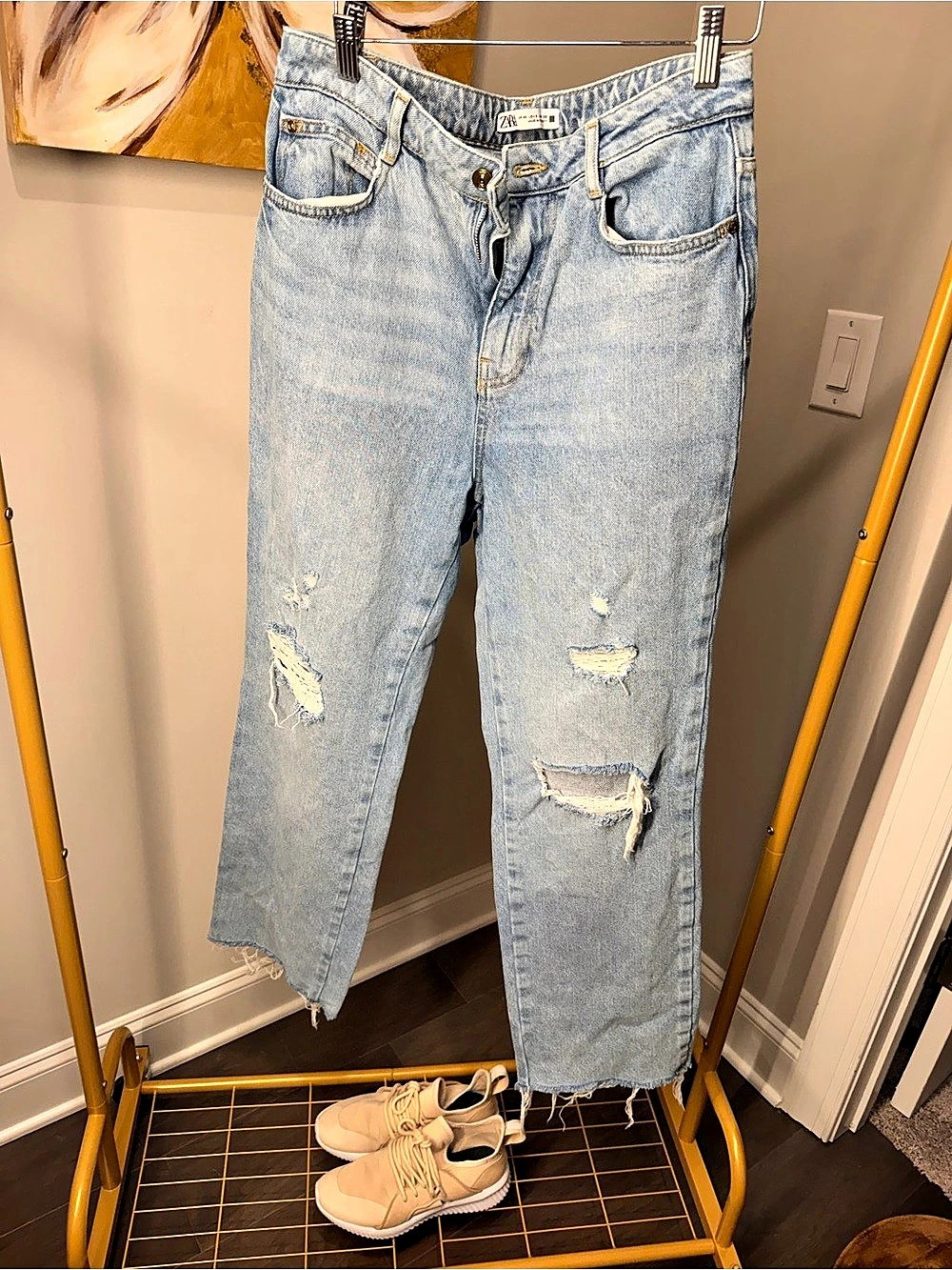 Zara Distressed Boyfriend Jeans in Blue Waist 40
